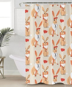 Funny Cartoon Rabbit Shower Curtain - Love Heart Bunny Tiled Illustration Waterproof Fabric Bathroom Decor