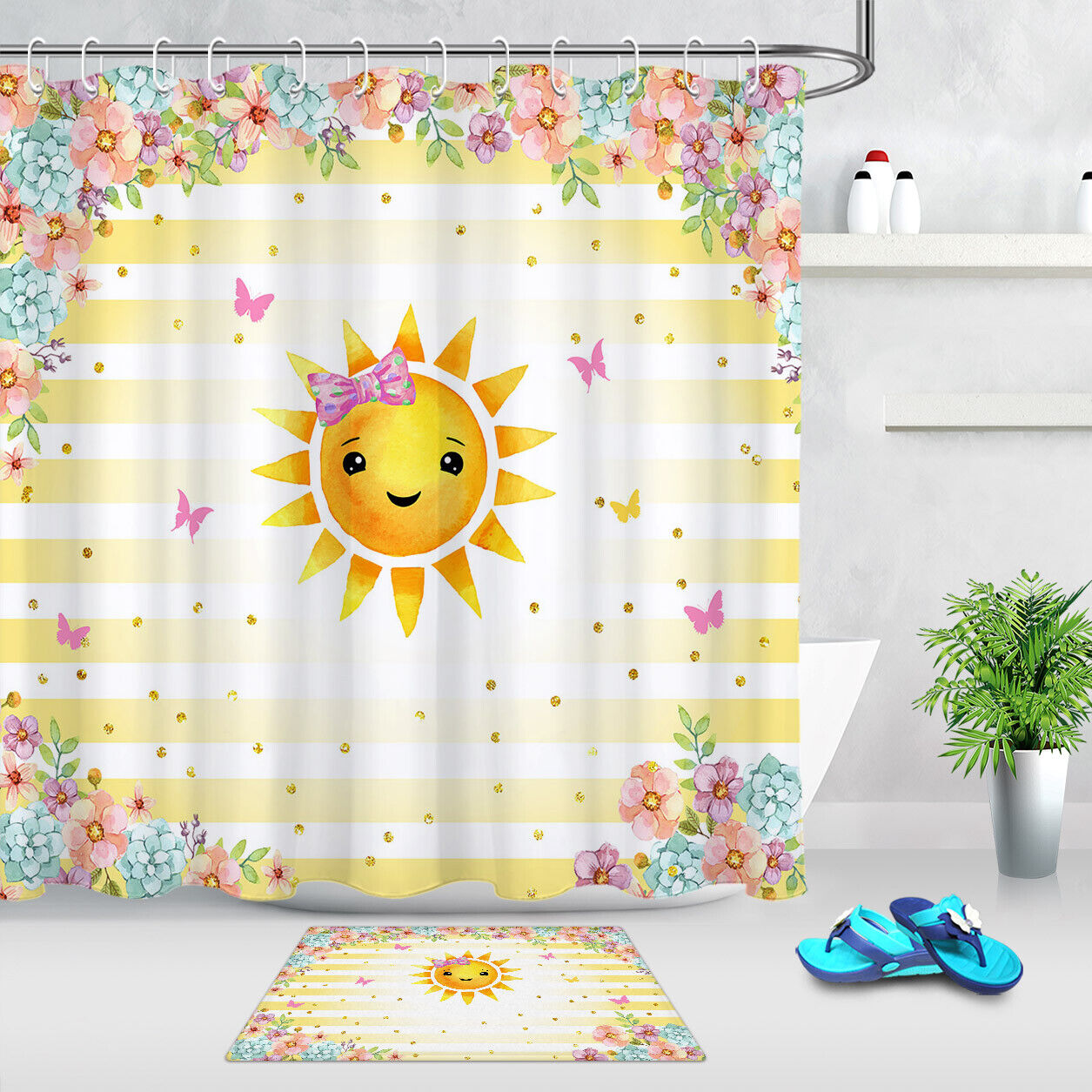 Funny Cartoon Sun Flowers Spring Shower Curtain for Bathroom