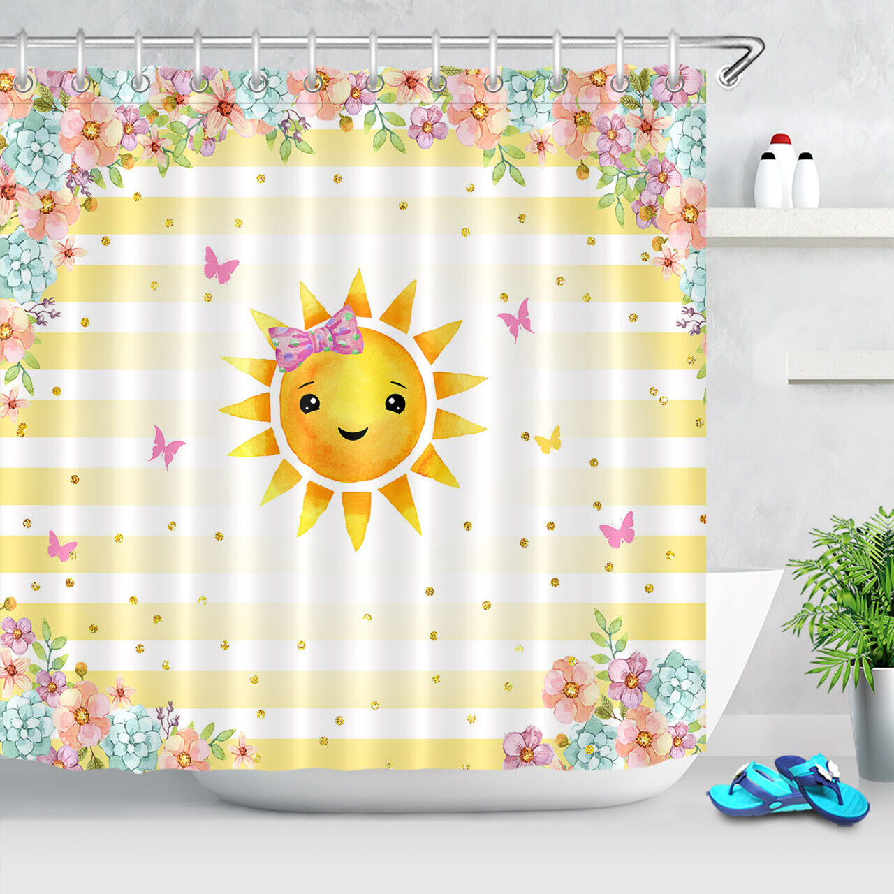 Funny Cartoon Sun Flowers Spring Shower Curtain for Bathroom