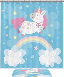 Funny Cartoon Unicorn Rainbow Star Clouds Shower Curtain For Unique Bathroom Decor