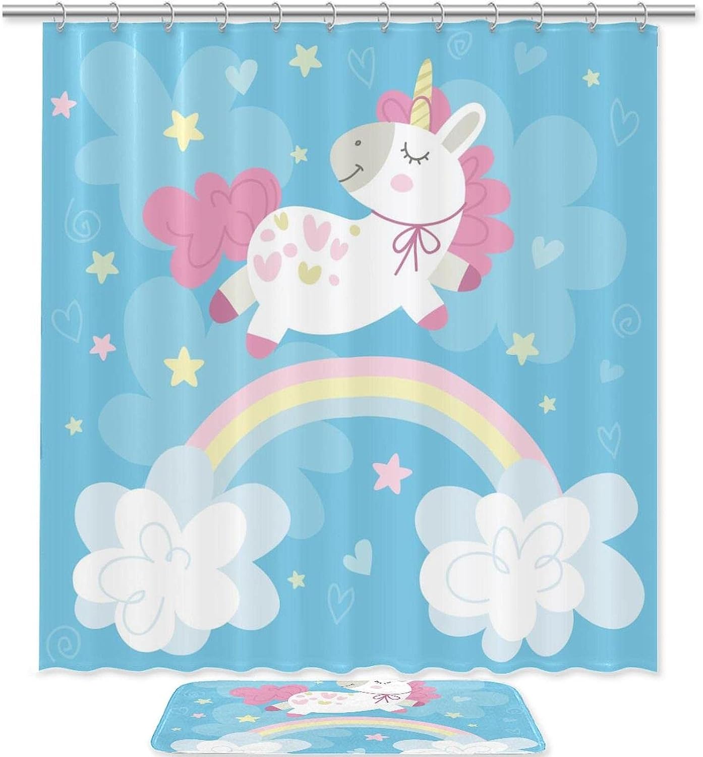 Funny Cartoon Unicorn Rainbow Star Clouds Shower Curtain For Unique Bathroom Decor