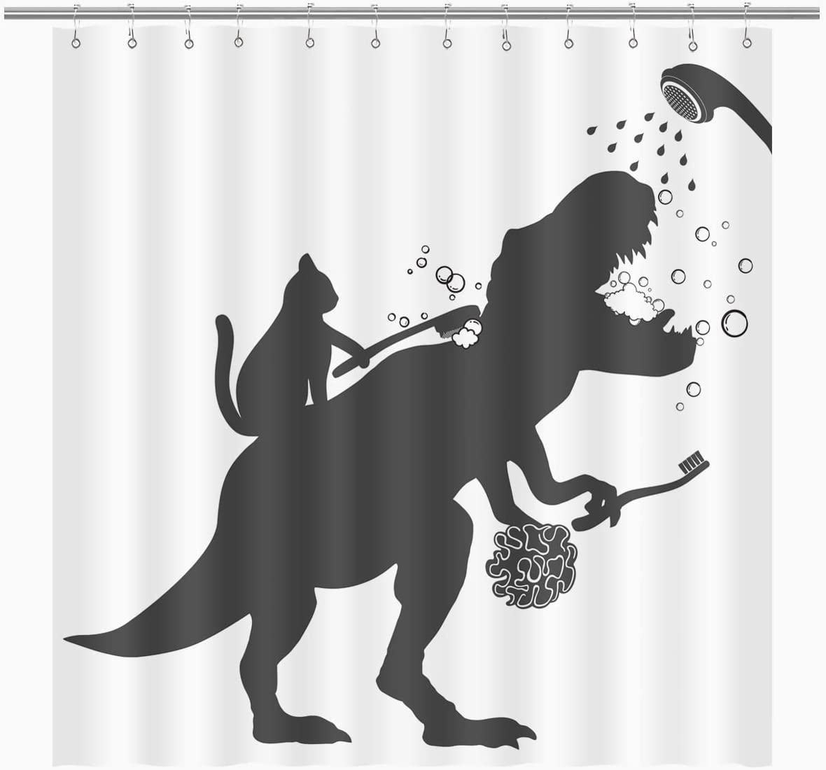 Funny Cat Dinosaur Shower Curtain For Kids Boys Bathroom