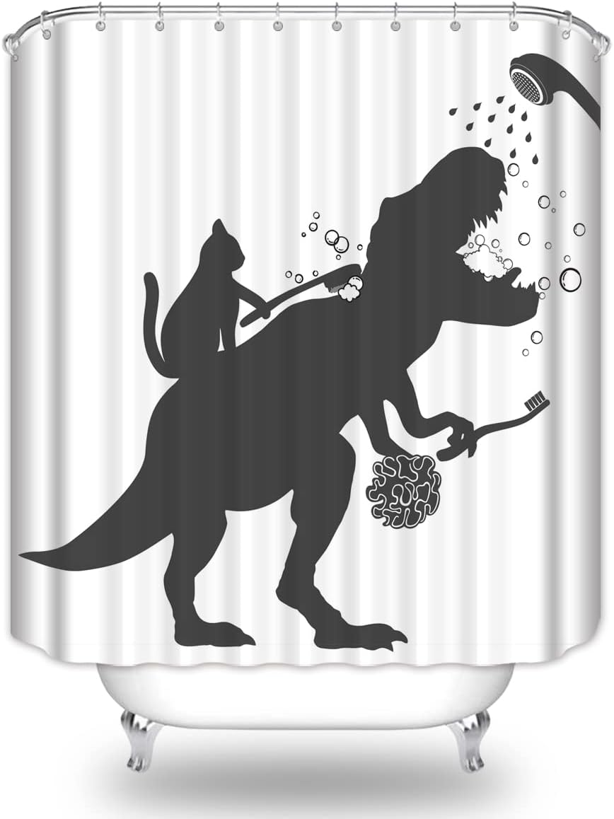 Funny Cat Dinosaur Shower Curtain For Kids Boys Bathroom - Image 2