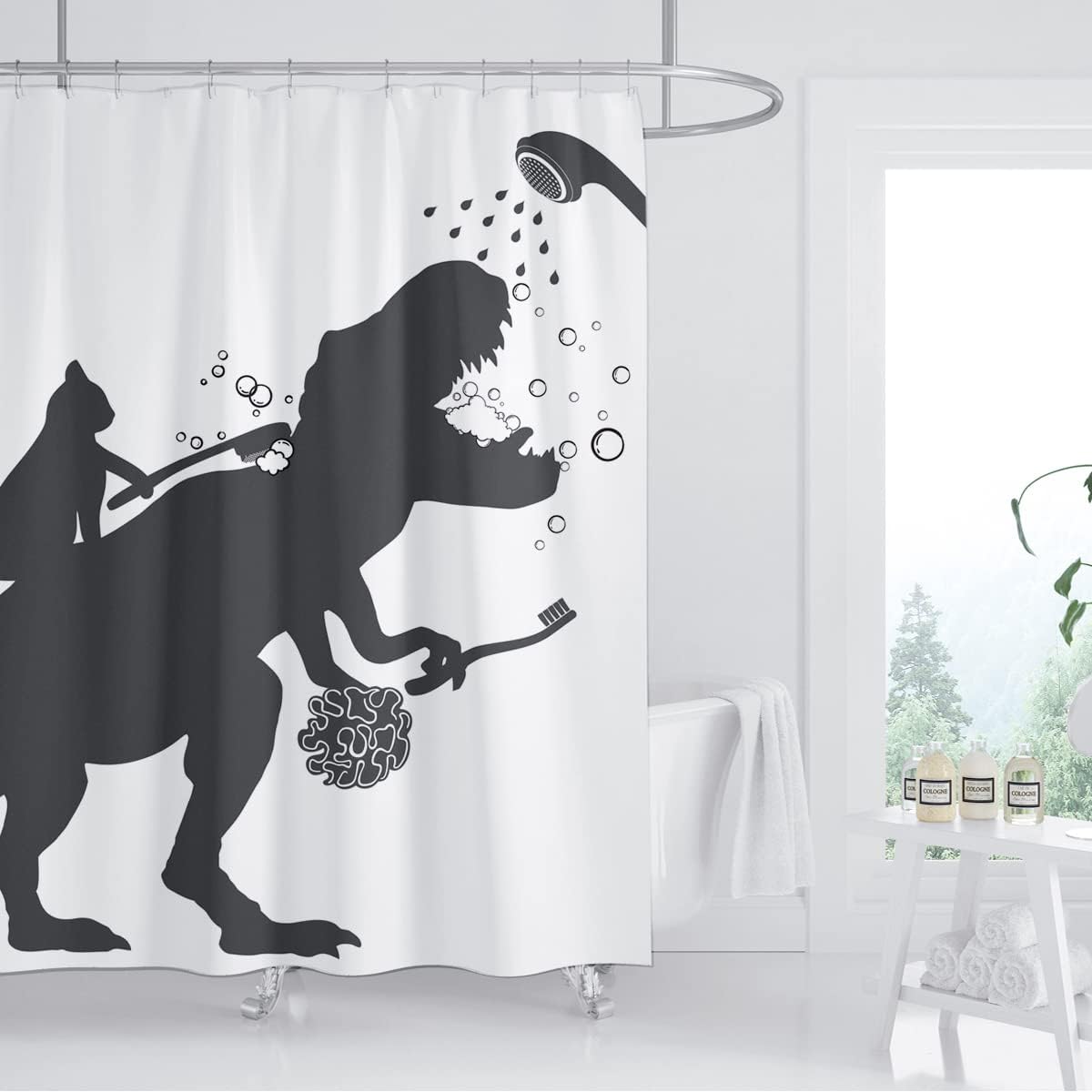 Funny Cat Dinosaur Shower Curtain For Kids Boys Bathroom - Image 3