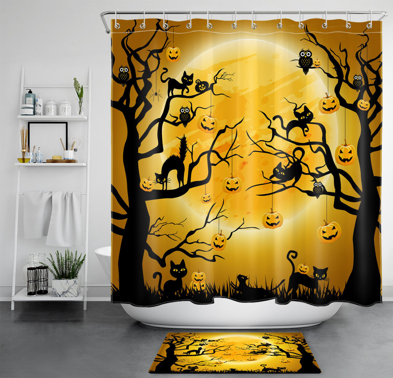 Funny Cat Pumpkin Halloween Shower Curtain For A Spooky Bath