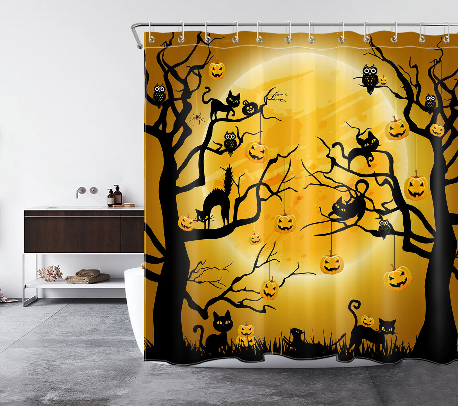 Funny Cat Pumpkin Halloween Shower Curtain For A Spooky Bath