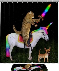 Funny Cat Riding Unicorn Horse Dog Shower Curtain With Whimsical Design