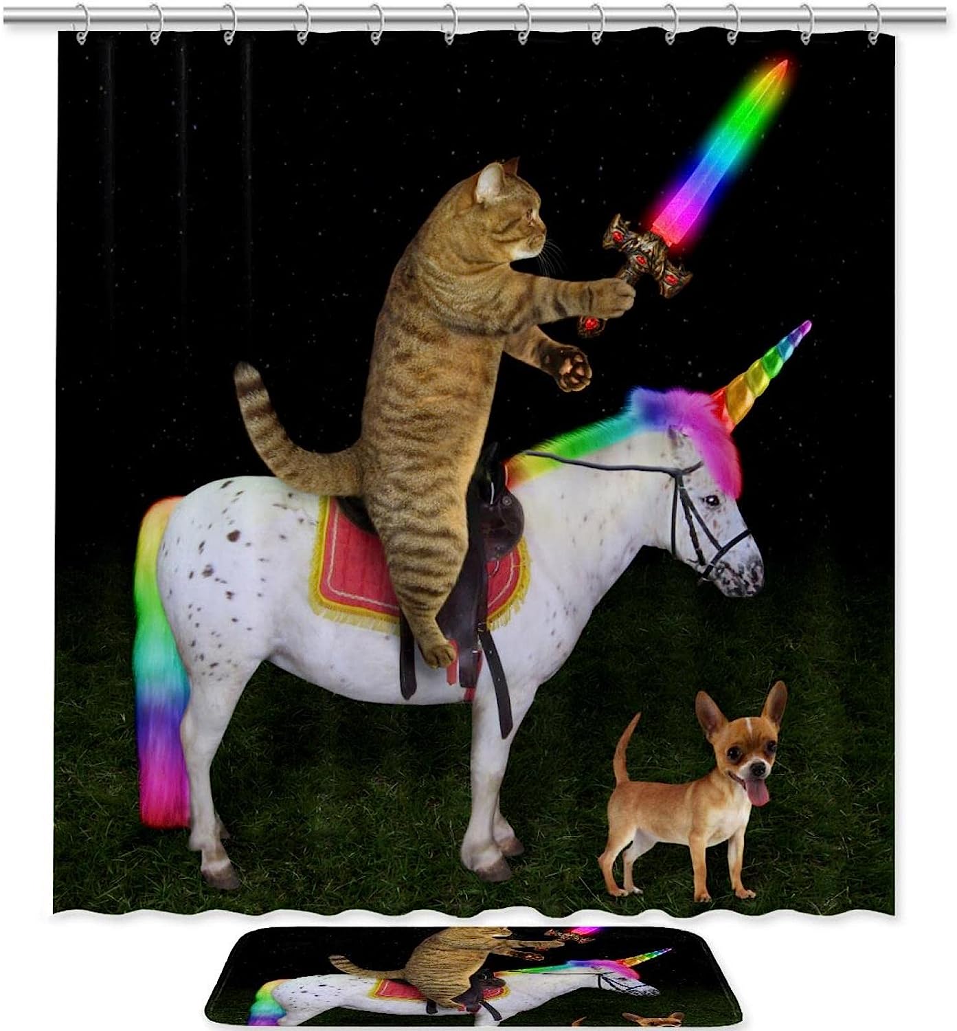 Funny Cat Riding Unicorn Horse Dog Shower Curtain With Whimsical Design