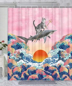 Funny Cat Shark Wave Fabric Shower Curtain - Bathroom Decor with Humor