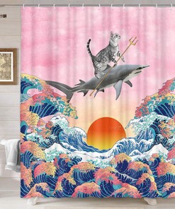 Funny Cat Shark Wave Fabric Shower Curtain - Bathroom Decor with Humor