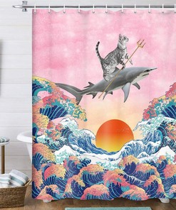 Funny Cat Shark Wave Fabric Shower Curtain - Bathroom Decor with Humor