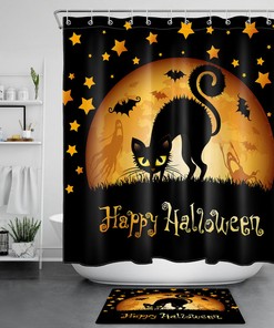 Funny Cat Stares At Full Moon On Spooky Halloween Night Print Shower Curtain