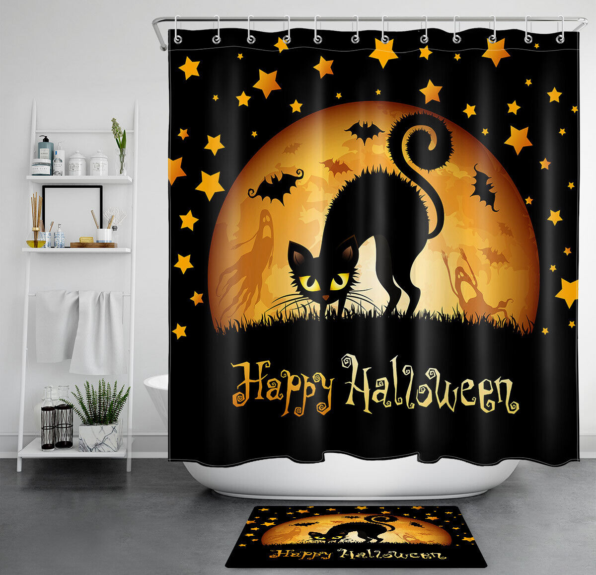 Funny Cat Stares At Full Moon On Spooky Halloween Night Print Shower Curtain