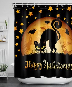 Funny Cat Stares At Full Moon On Spooky Halloween Night Print Shower Curtain