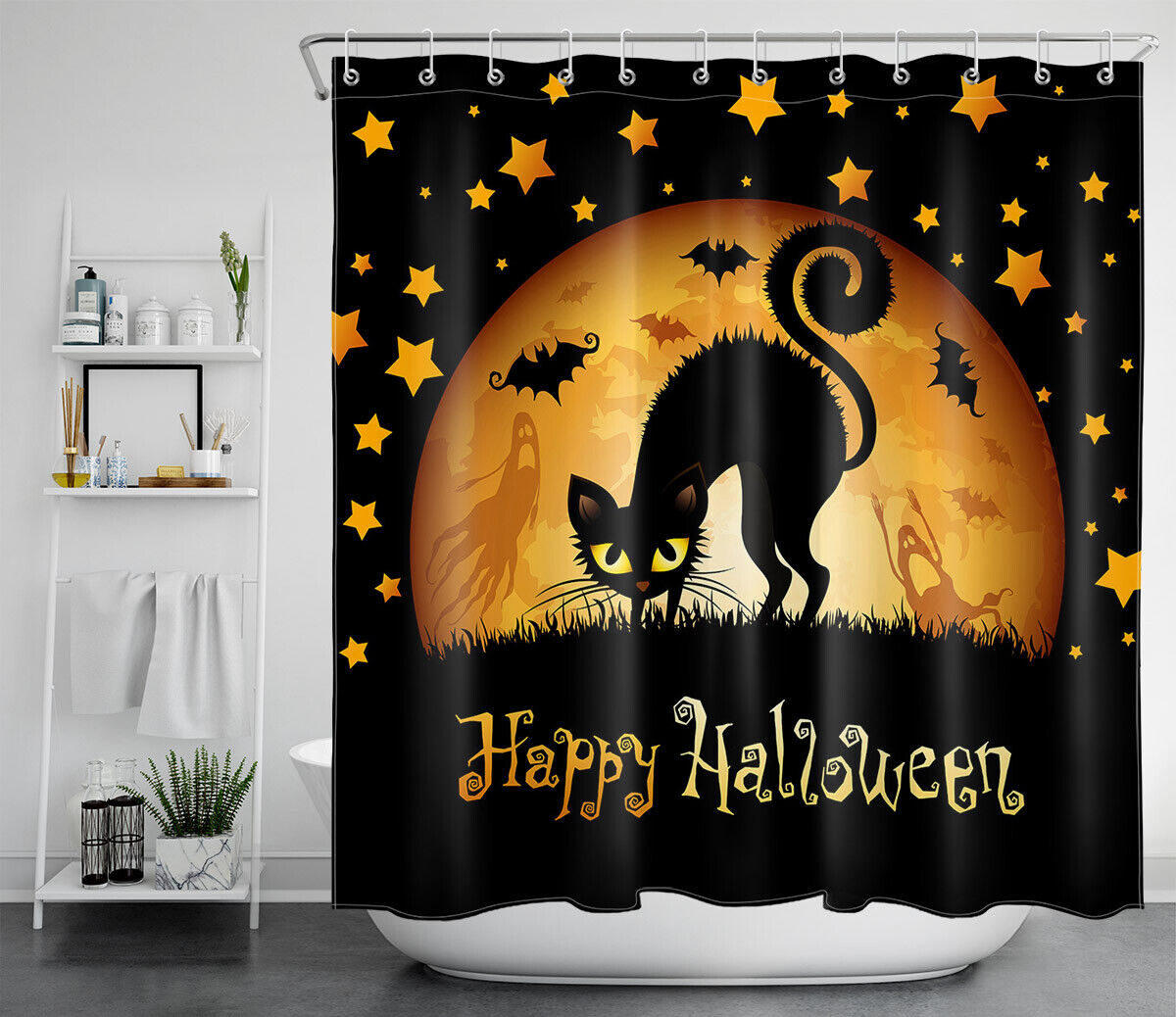Funny Cat Stares At Full Moon On Spooky Halloween Night Print Shower Curtain