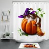 Funny Cat Witch And Broomstick Halloween Pumpkin Shower Curtain