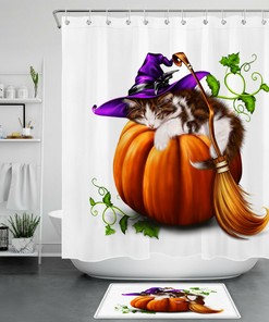 Funny Cat Witch And Broomstick Halloween Pumpkin Shower Curtain