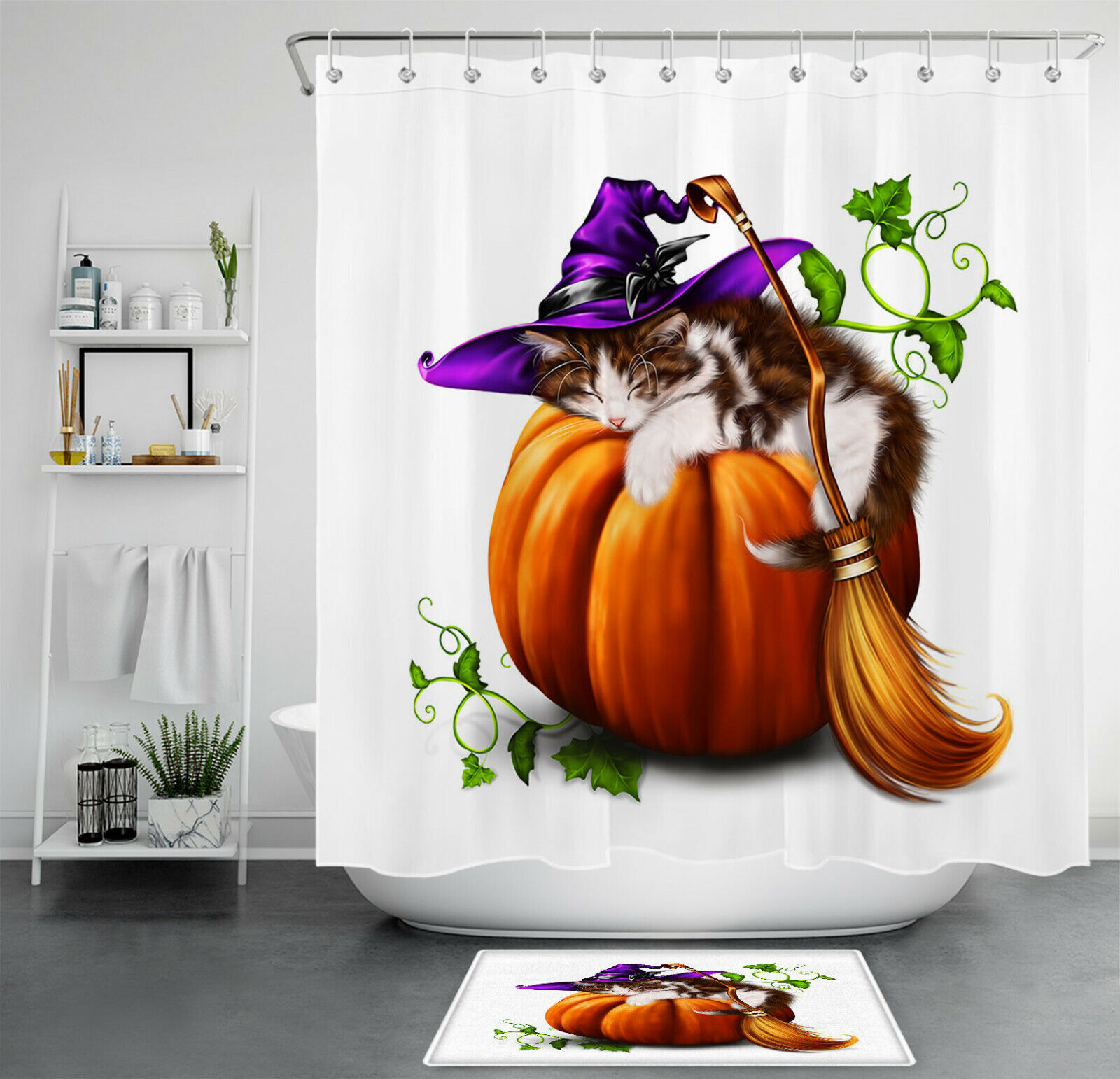 Funny Cat Witch And Broomstick Halloween Pumpkin Shower Curtain
