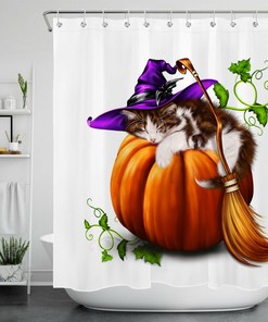 Funny Cat Witch And Broomstick Halloween Pumpkin Shower Curtain