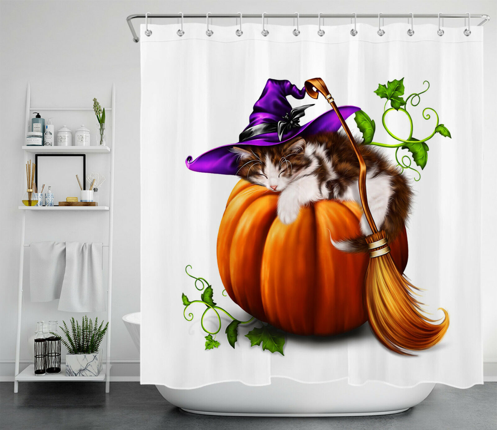 Funny Cat Witch And Broomstick Halloween Pumpkin Shower Curtain
