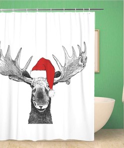 Funny Christmas Moose and Santa Hat Deer Party Shower Curtain