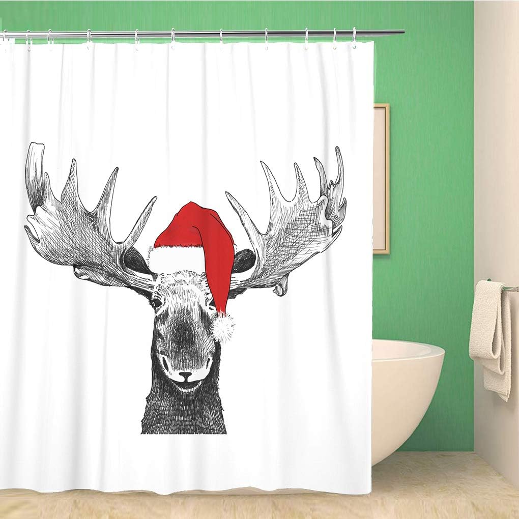 Funny Christmas Moose and Santa Hat Deer Party Shower Curtain