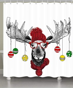 Funny Christmas Moose with Cute Hat Reindeer Shower Curtain for Bathroom Decor