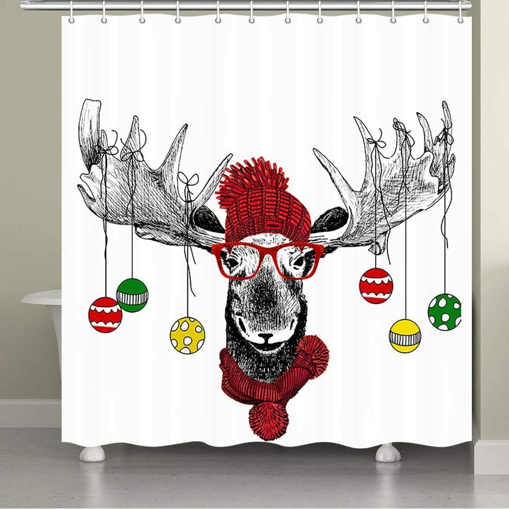 Funny Christmas Moose with Cute Hat Reindeer Shower Curtain for Bathroom Decor