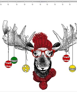 Funny Christmas Moose with Cute Hat Reindeer Shower Curtain for Bathroom Decor