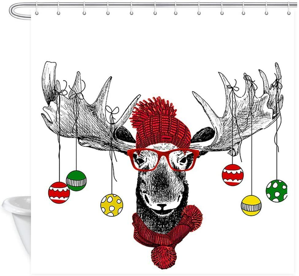 Funny Christmas Moose with Cute Hat Reindeer Shower Curtain for Bathroom Decor