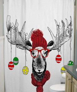 Funny Christmas Moose with Cute Hat Reindeer Shower Curtain for Bathroom Decor