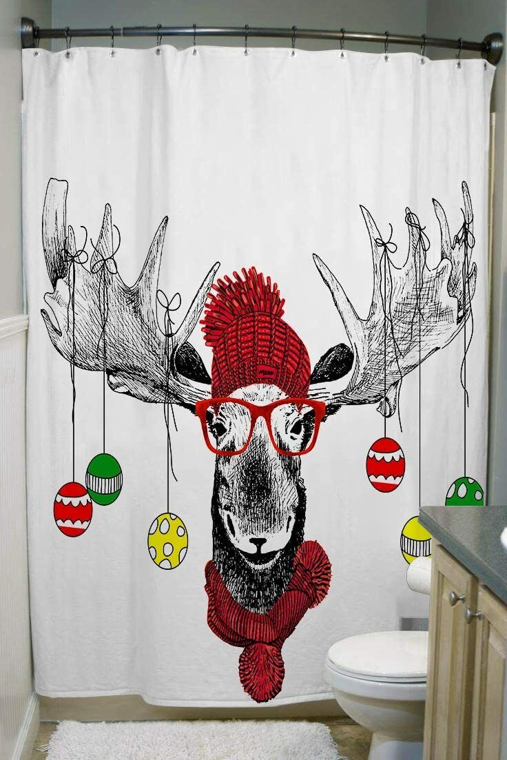 Funny Christmas Moose with Cute Hat Reindeer Shower Curtain for Bathroom Decor