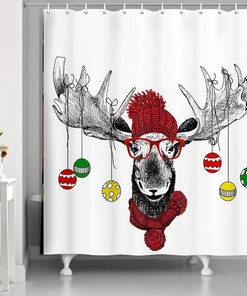 Funny Christmas Moose with Cute Hat Reindeer Shower Curtain for Bathroom Decor