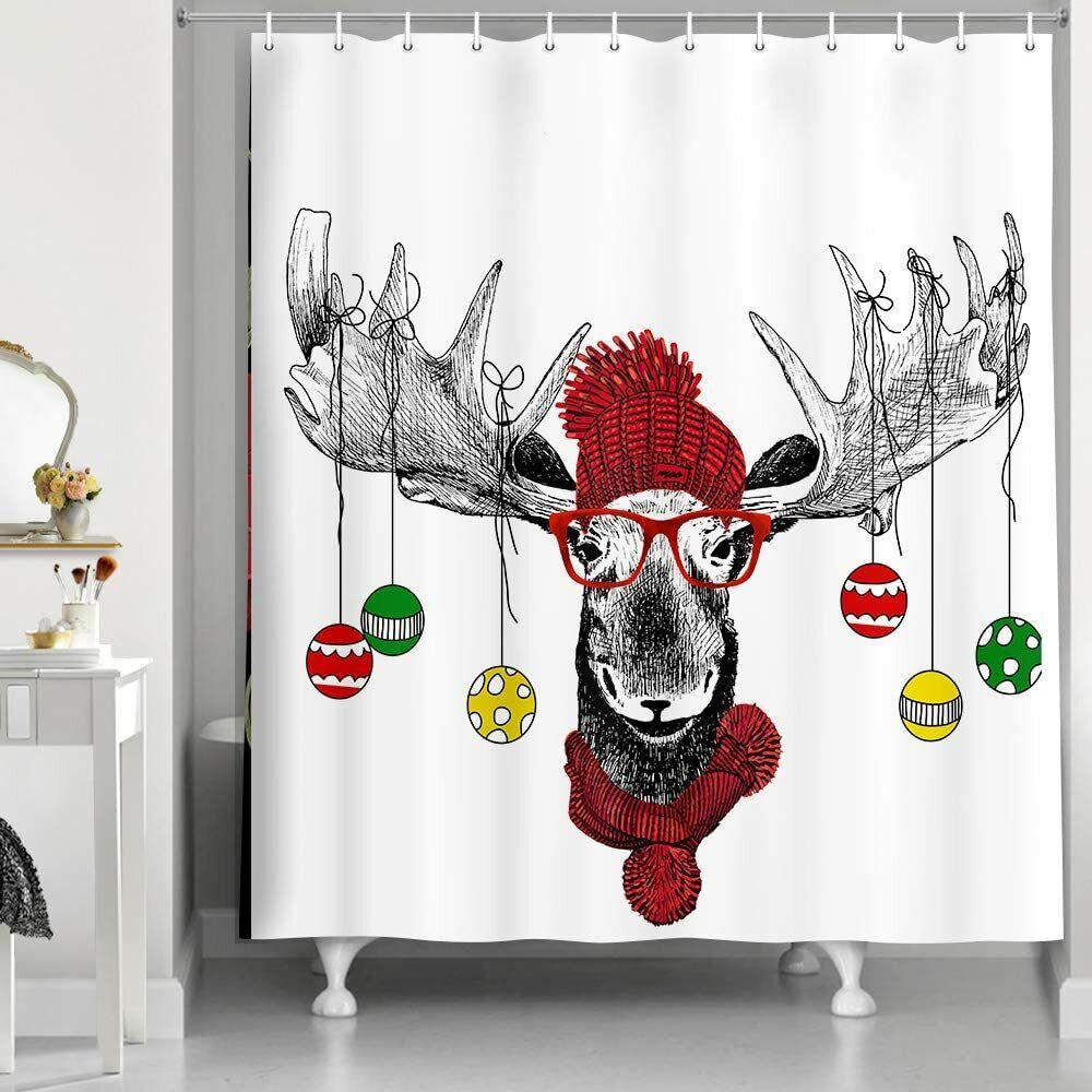Funny Christmas Moose with Cute Hat Reindeer Shower Curtain for Bathroom Decor