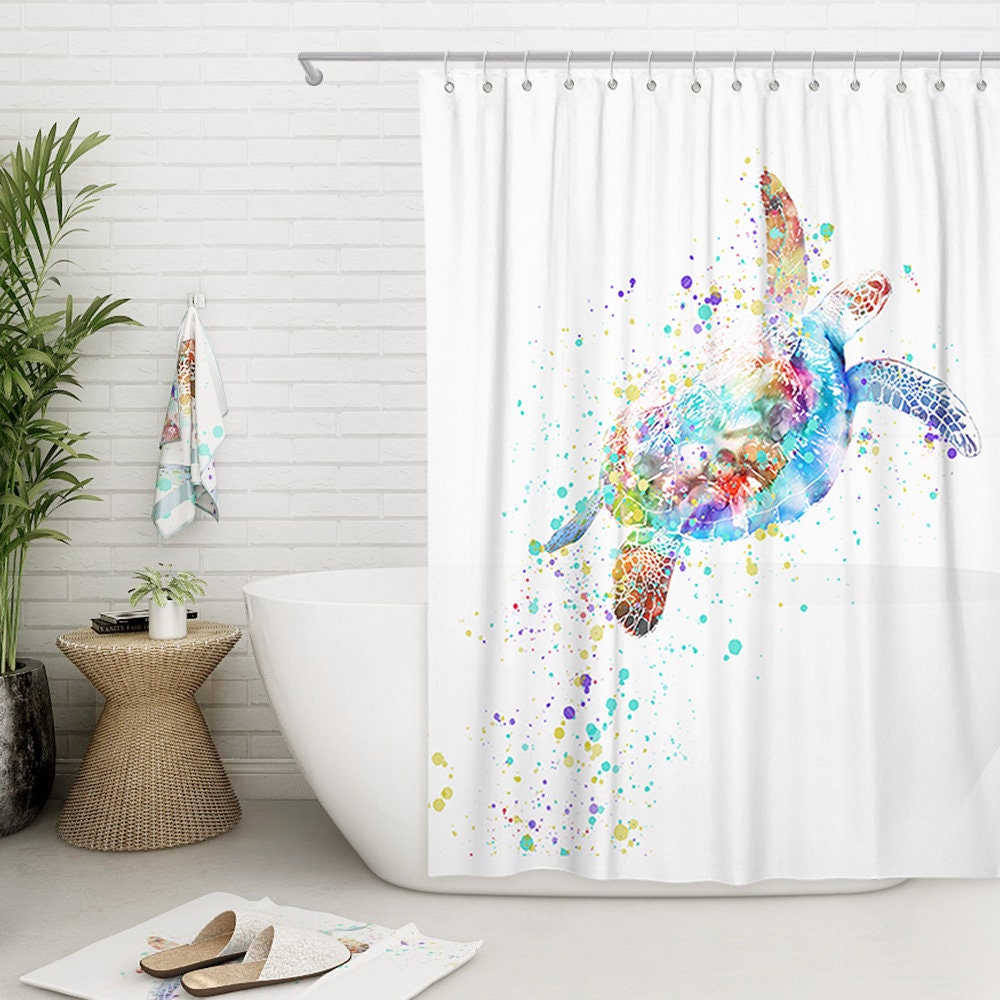 Funny Colorful Sea Turtle Shower Curtain Set with Waterproof Fabric for Bathroom Decor