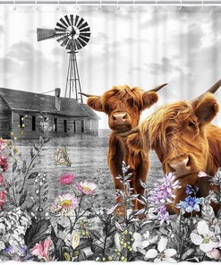 Funny Cow And Floral Farmhouse Shower Curtain With Rustic Windmill Chalet For Bathroom 