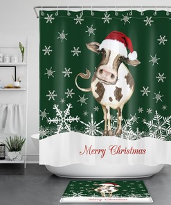 Funny Cow And Santa Hat Shower Curtain - Snowflakes And Festive Bathroom Decor