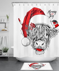 Funny Cow Santa Hat Sketch Merry Christmas Waterproof Fabric Shower Curtain for Bathroom Decor
