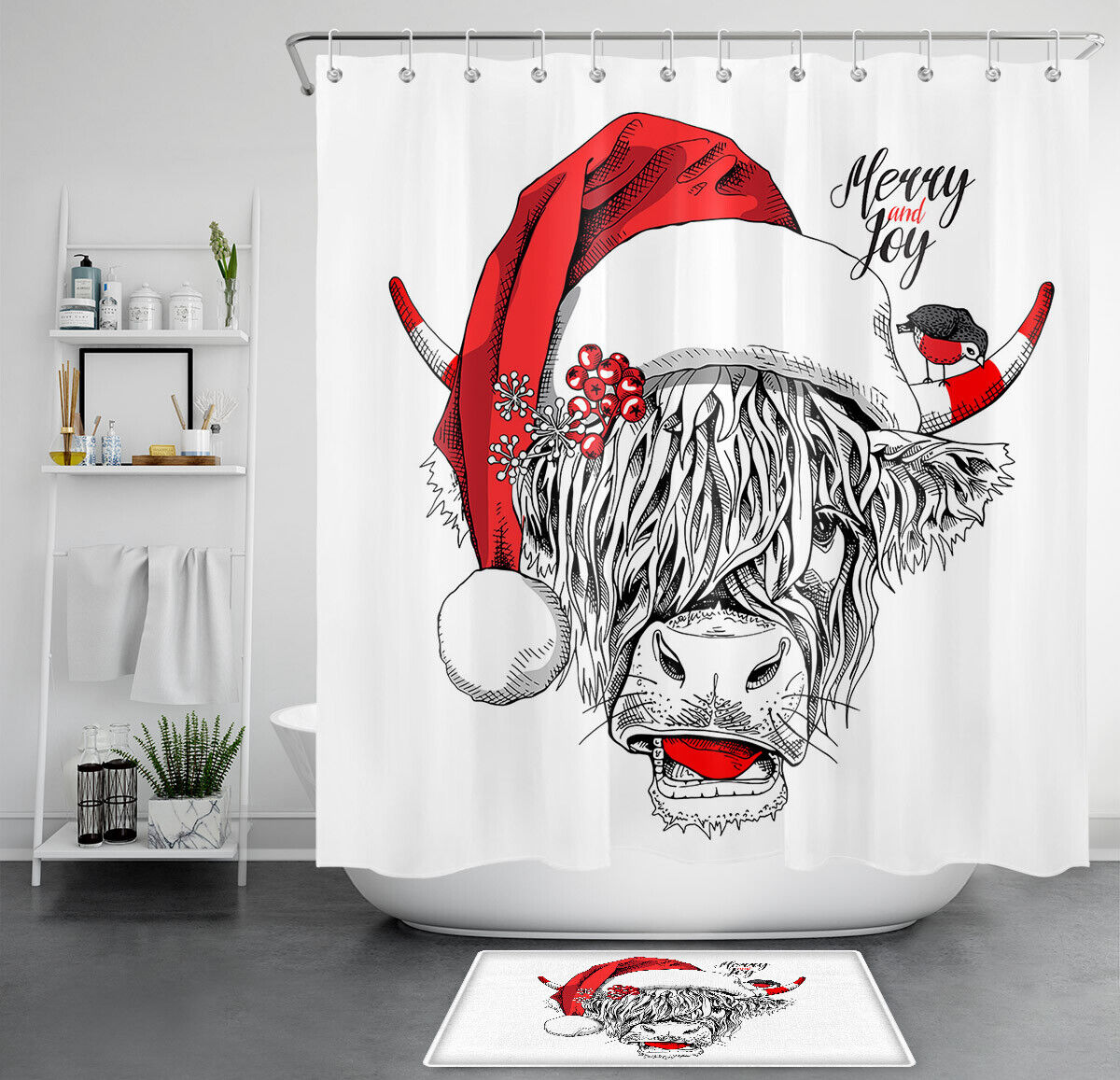 Funny Cow Santa Hat Sketch Merry Christmas Waterproof Fabric Shower Curtain for Bathroom Decor