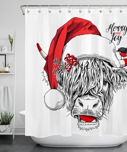 Funny Cow Santa Hat Sketch Merry Christmas Waterproof Fabric Shower Curtain for Bathroom Decor