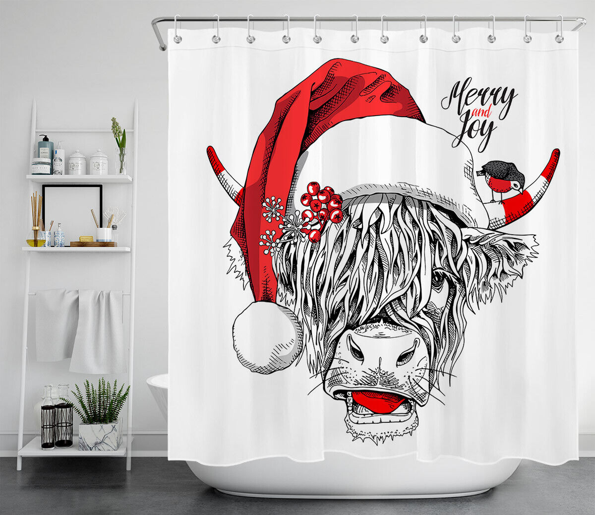 Funny Cow Santa Hat Sketch Merry Christmas Waterproof Fabric Shower Curtain for Bathroom Decor