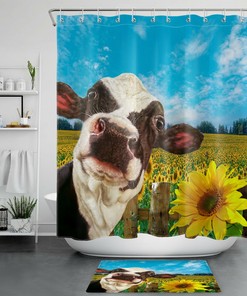 Funny Cow Shower Curtain - Farm Sunflower Field Bathroom Decor