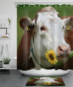 Funny Cow Shower Curtain - Farmhouse Sunflower Bathroom Decor