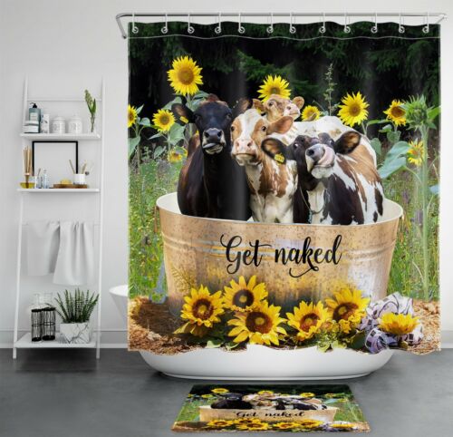 Funny Cow Sunflower Shower Curtain Rustic Farmhouse Bathroom Decorations