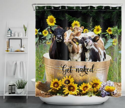 Funny Cow Sunflower Shower Curtain Rustic Farmhouse Bathroom Decorations