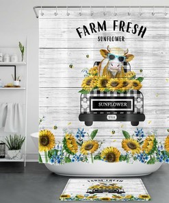 Funny Cow Truck Sunflower Rainbow Shower Curtain Farm 