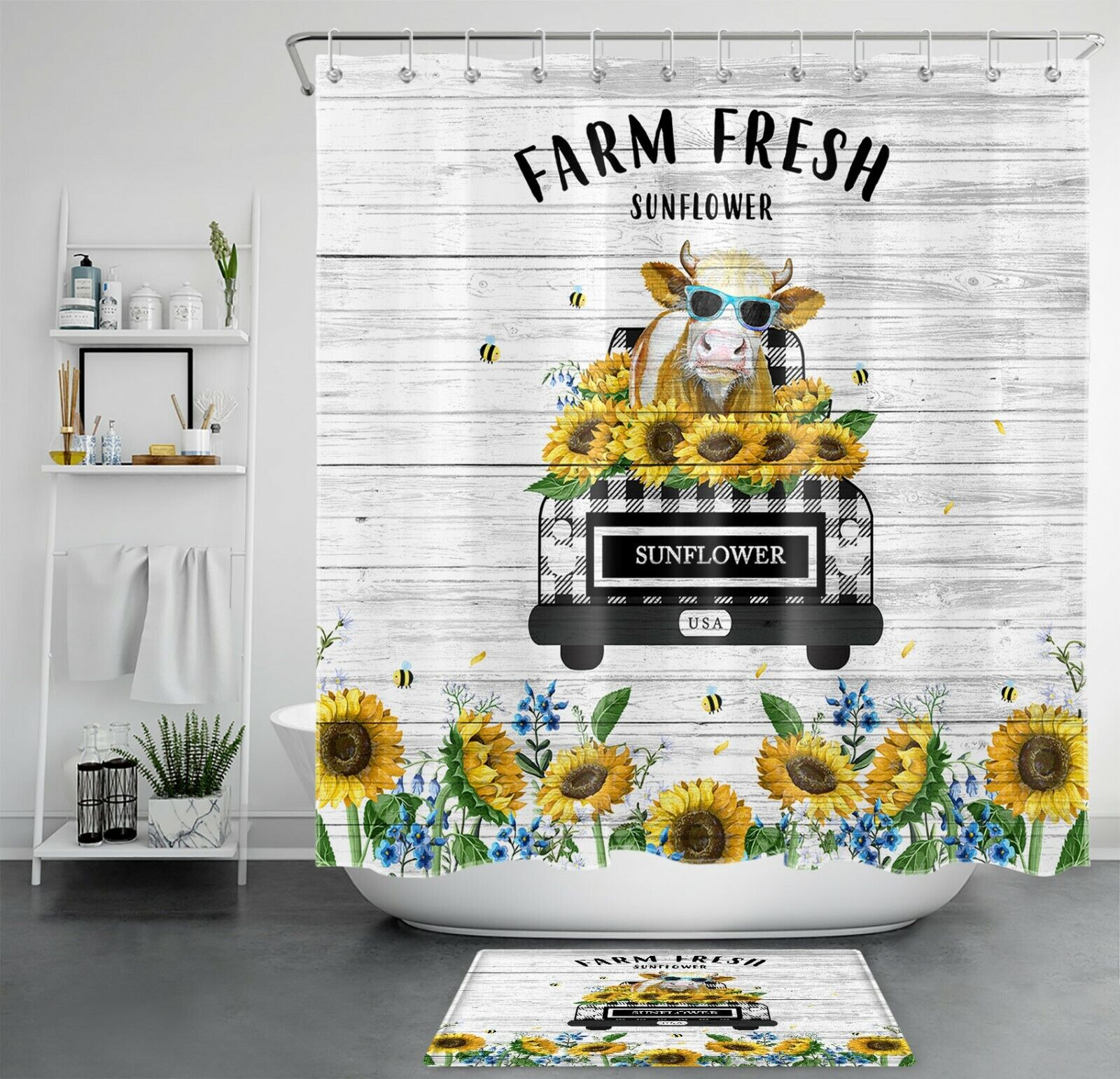 Funny Cow Truck Sunflower Rainbow Shower Curtain Farm