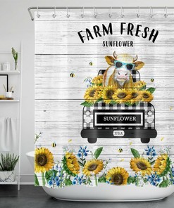 Funny Cow Truck Sunflower Rainbow Shower Curtain Farm