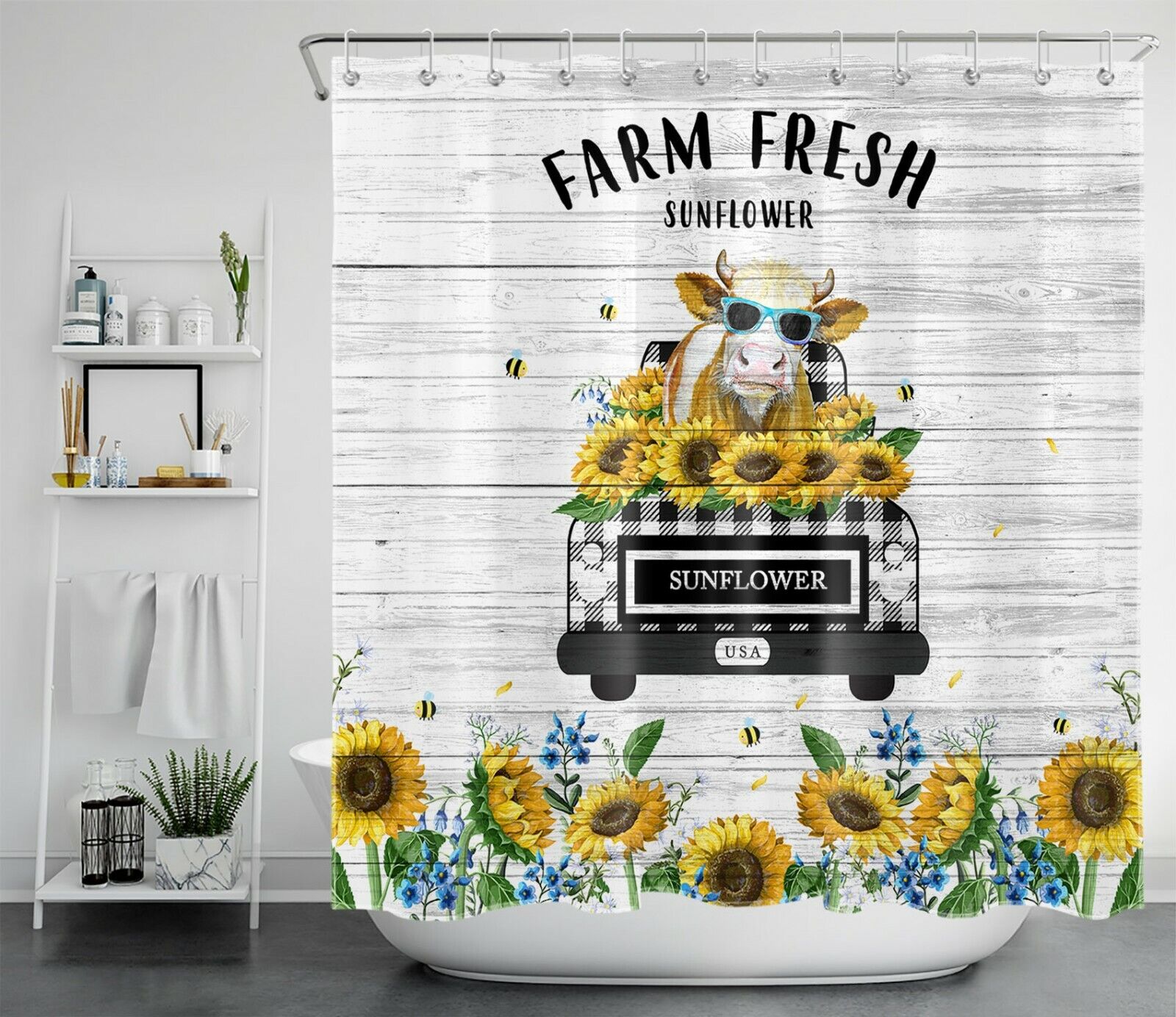 Funny Cow Truck Sunflower Rainbow Shower Curtain Farm