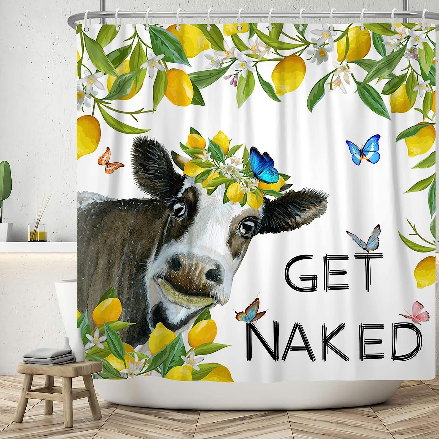 Funny Cow and Butterfly-themed Waterproof Renaiss Shower Curtain for Bathroom Decor